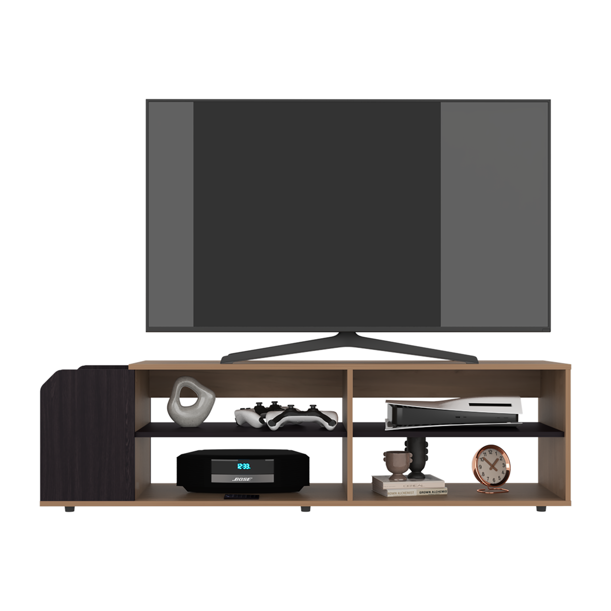 Rack de TV Solene Fresno Europeo y Wengue 150x42cm para TV Hasta 60" Pulgadas con Seis Compartimientos - MUEBLES DE TV | Bylmo