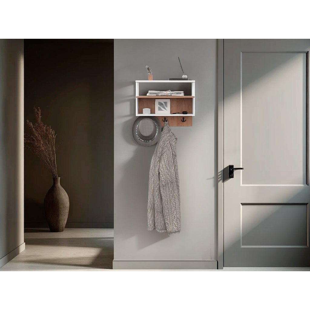 Repisa Perchero Aranjuez Blanco y Fresno Europeo 60x47.7cm Flotante con Tres Ganchos - PERCHEROS | Bylmo