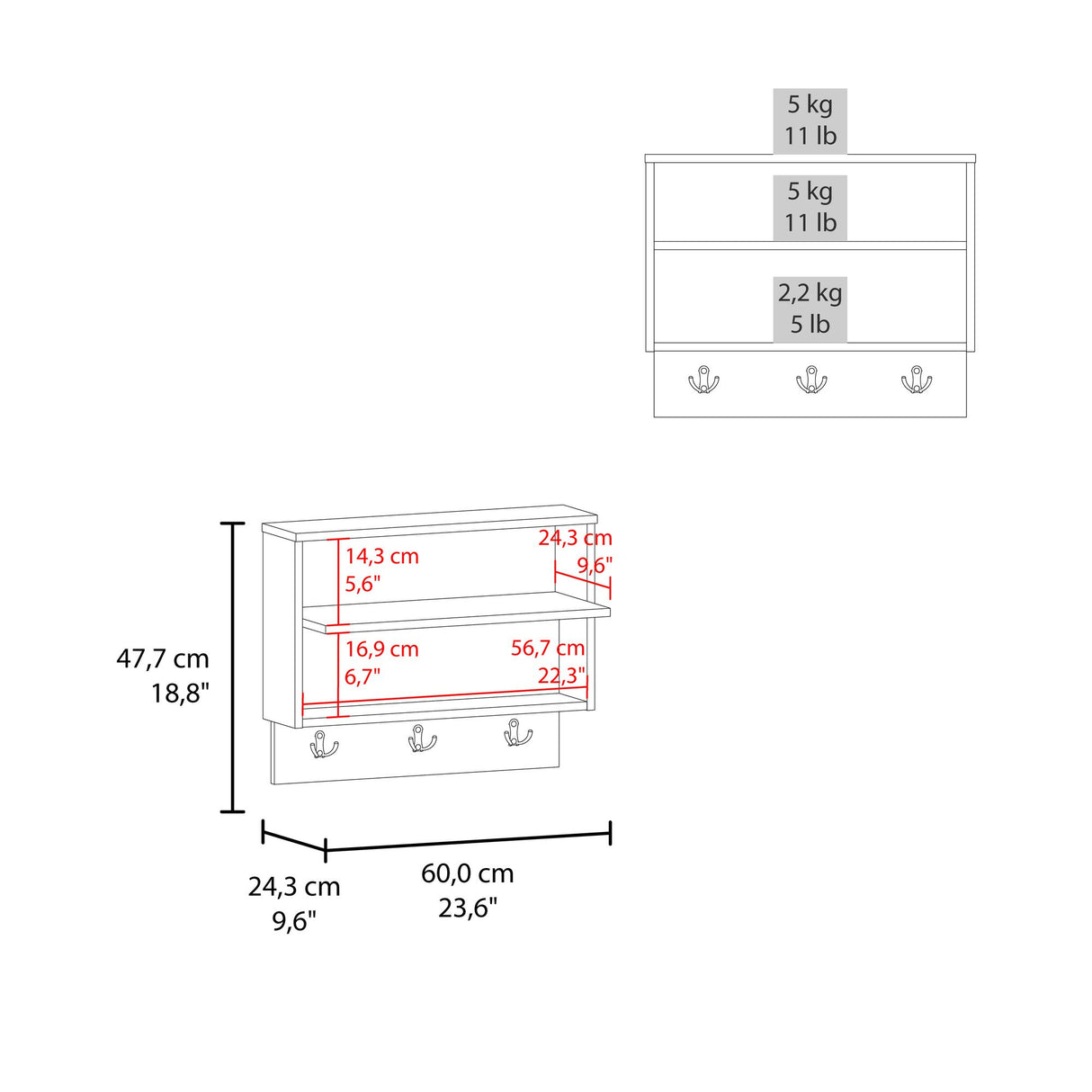 Repisa Perchero Aranjuez Blanco y Fresno Europeo 60x47.7cm Flotante con Tres Ganchos - PERCHEROS | Bylmo