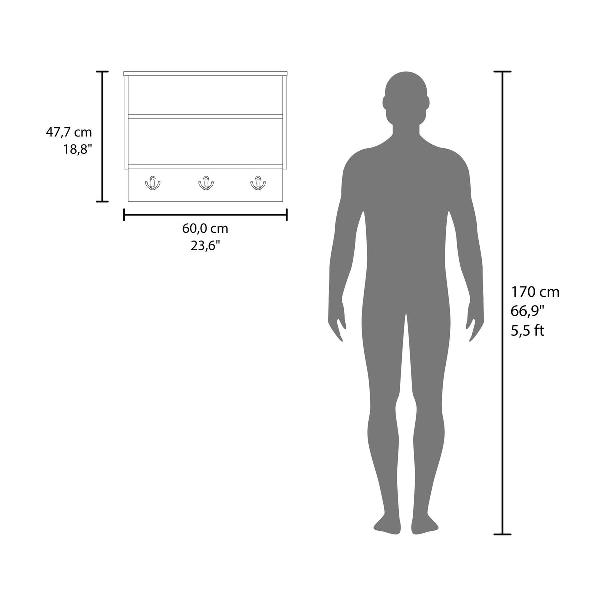 Repisa Perchero Aranjuez Blanco y Fresno Europeo 60x47.7cm Flotante con Tres Ganchos - PERCHEROS | Bylmo