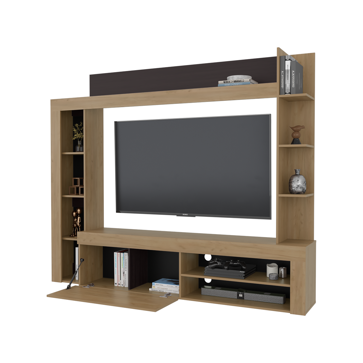 Centro de Entretenimiento Cecil Fresno Europeo y Wengue 215.8x178.1cm para TV Hasta 70 Pulgadas con Diez Compartimientos - MUEBLES DE TV | Bylmo