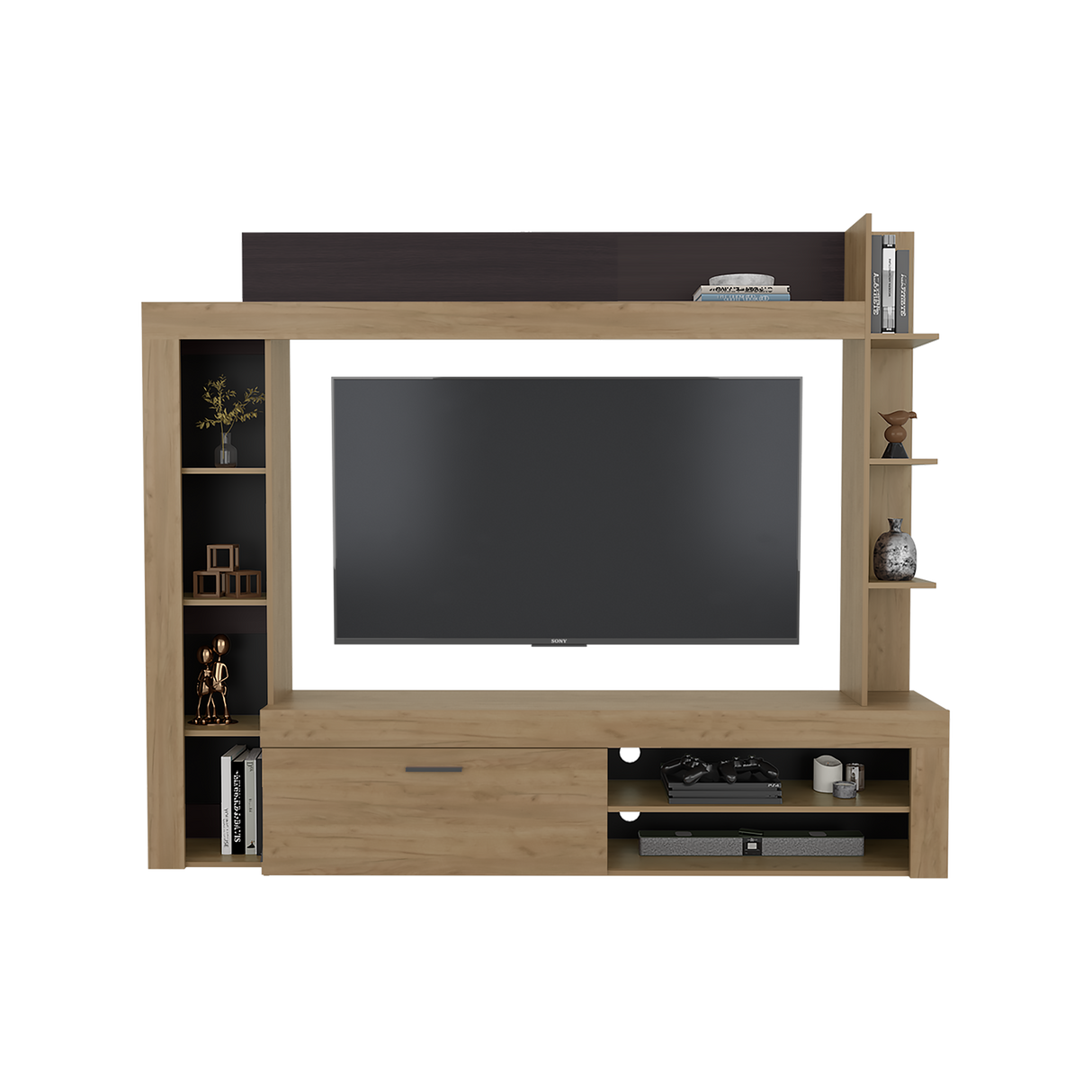 Centro de Entretenimiento Cecil Fresno Europeo y Wengue 215.8x178.1cm para TV Hasta 70 Pulgadas con Diez Compartimientos - MUEBLES DE TV | Bylmo