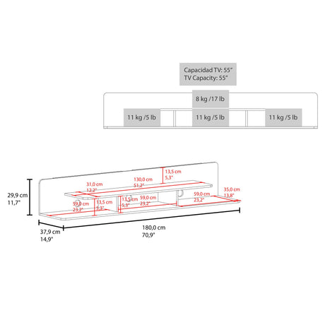 Repisa para TV Flotante Marquis Nogal 180x30.1cm para TV Hasta 55 Pulgadas con Tres Compartimientos - MUEBLES DE TV | Bylmo
