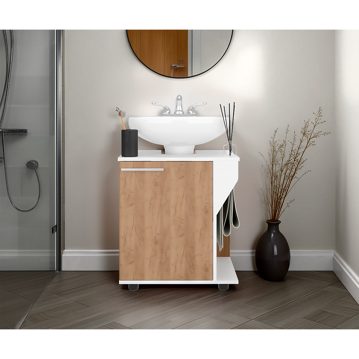 Mueble para Lavamanos Phillips Blanco y Fresno Europeo 56x62.1cm Individual sin Lavamanos - MUEBLES PARA LAVAMANOS | Bylmo