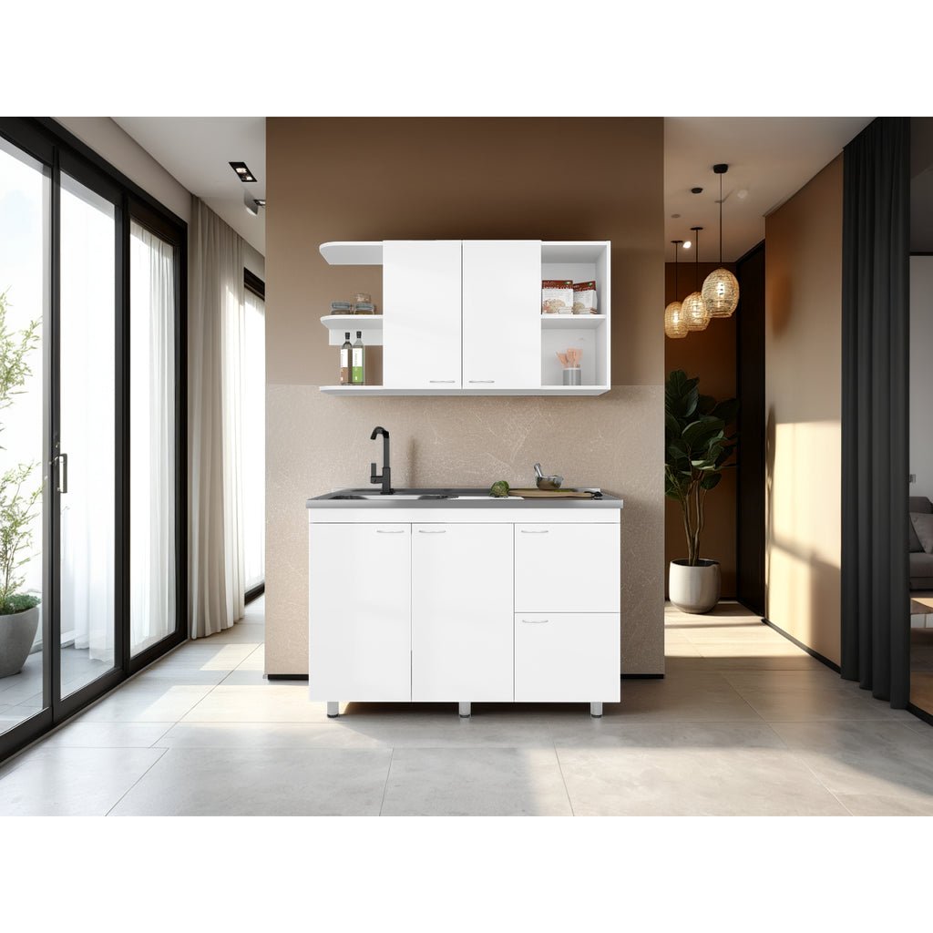 Cocina Elica Blanco 120x60cm con Mesón de Acero Al Carbón Lado Derecho - COCINAS | Bylmo