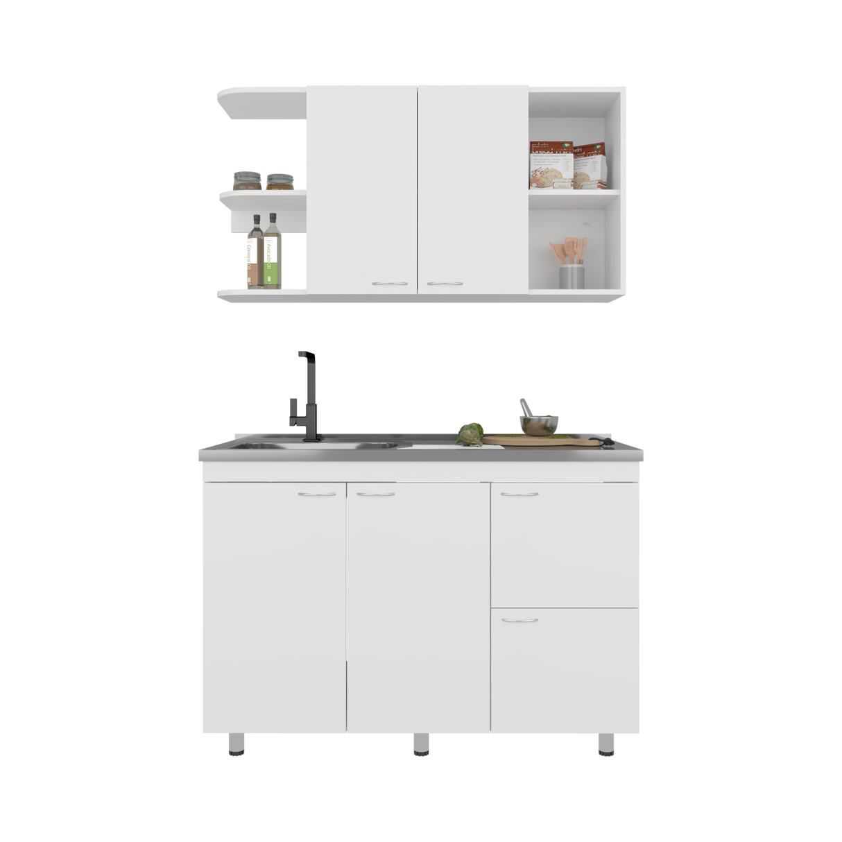 Cocina Elica Blanco 120x60cm con Mesón de Acero Al Carbón Lado Derecho - COCINAS | Bylmo