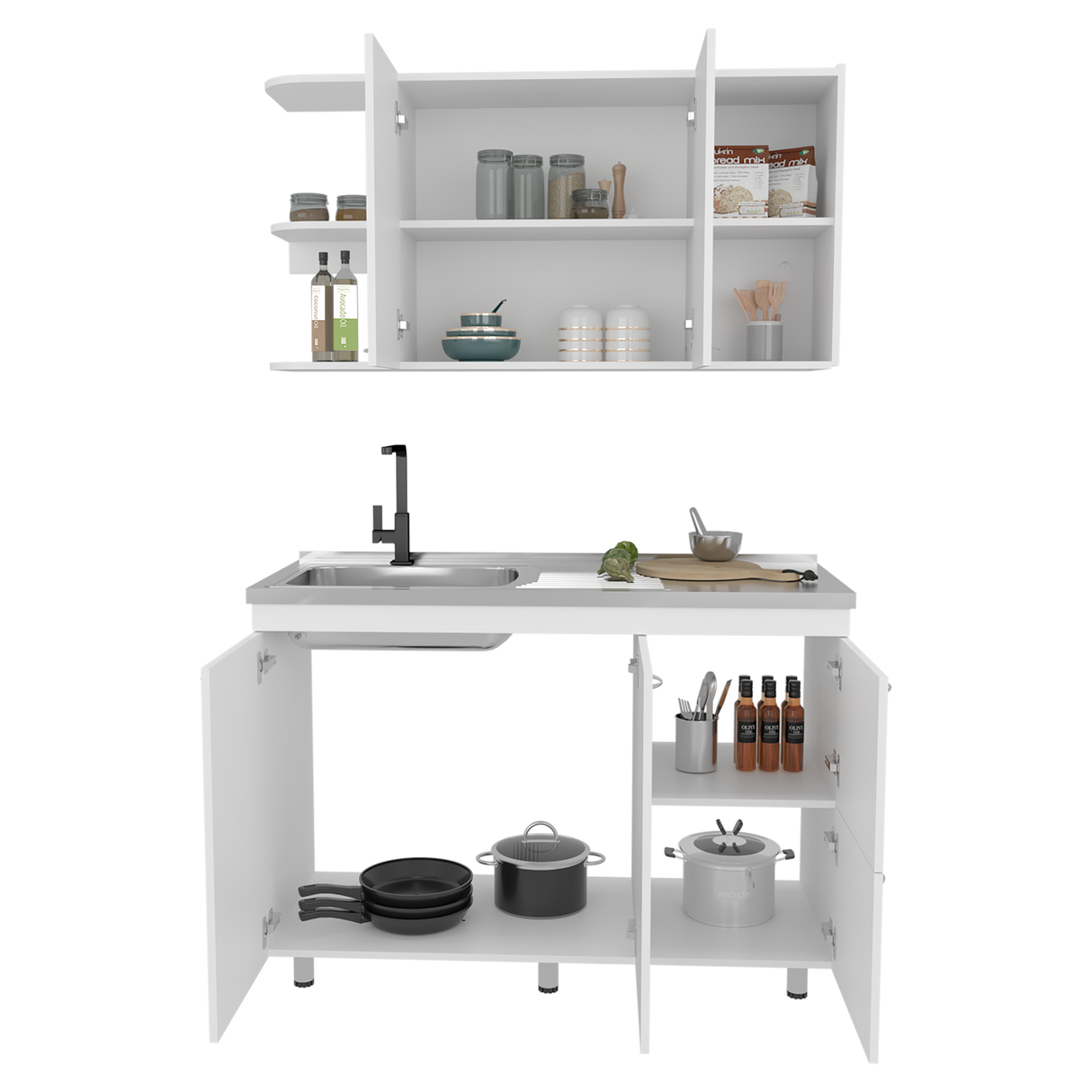 Cocina Elica Blanco 120x60cm con Mesón de Acero Al Carbón Lado Derecho - COCINAS | Bylmo