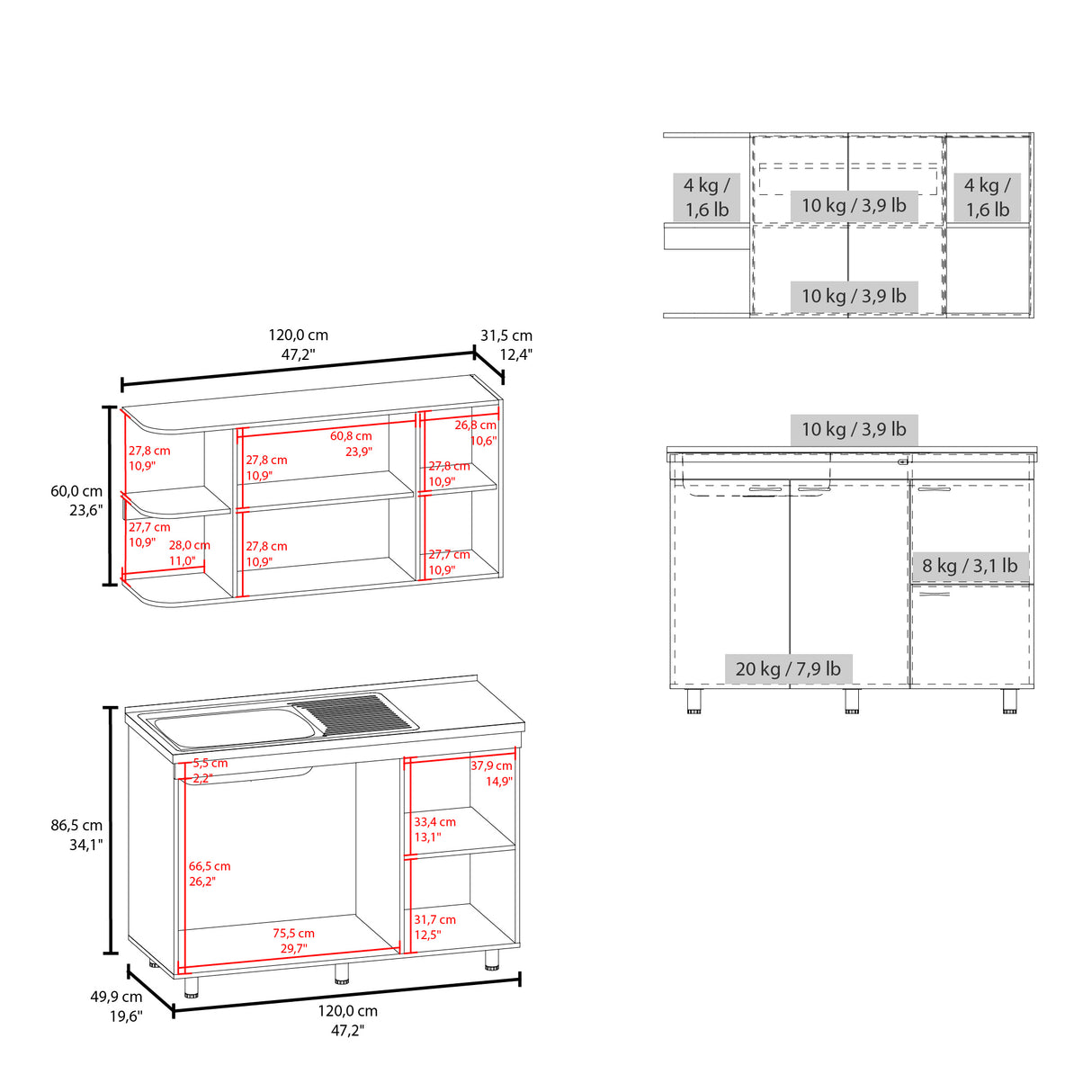 Cocina Elica Blanco 120x60cm con Mesón de Acero Al Carbón Lado Derecho - COCINAS | Bylmo
