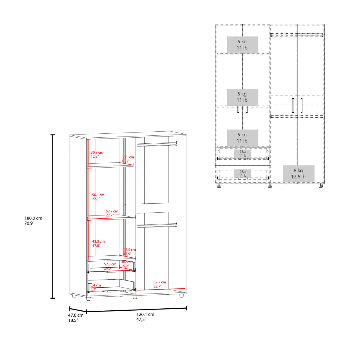 Closet Ankora Basic Fresno Europeo 120x180cm con Dos Cajones y Seis Compartimientos - CLOSETS | Bylmo