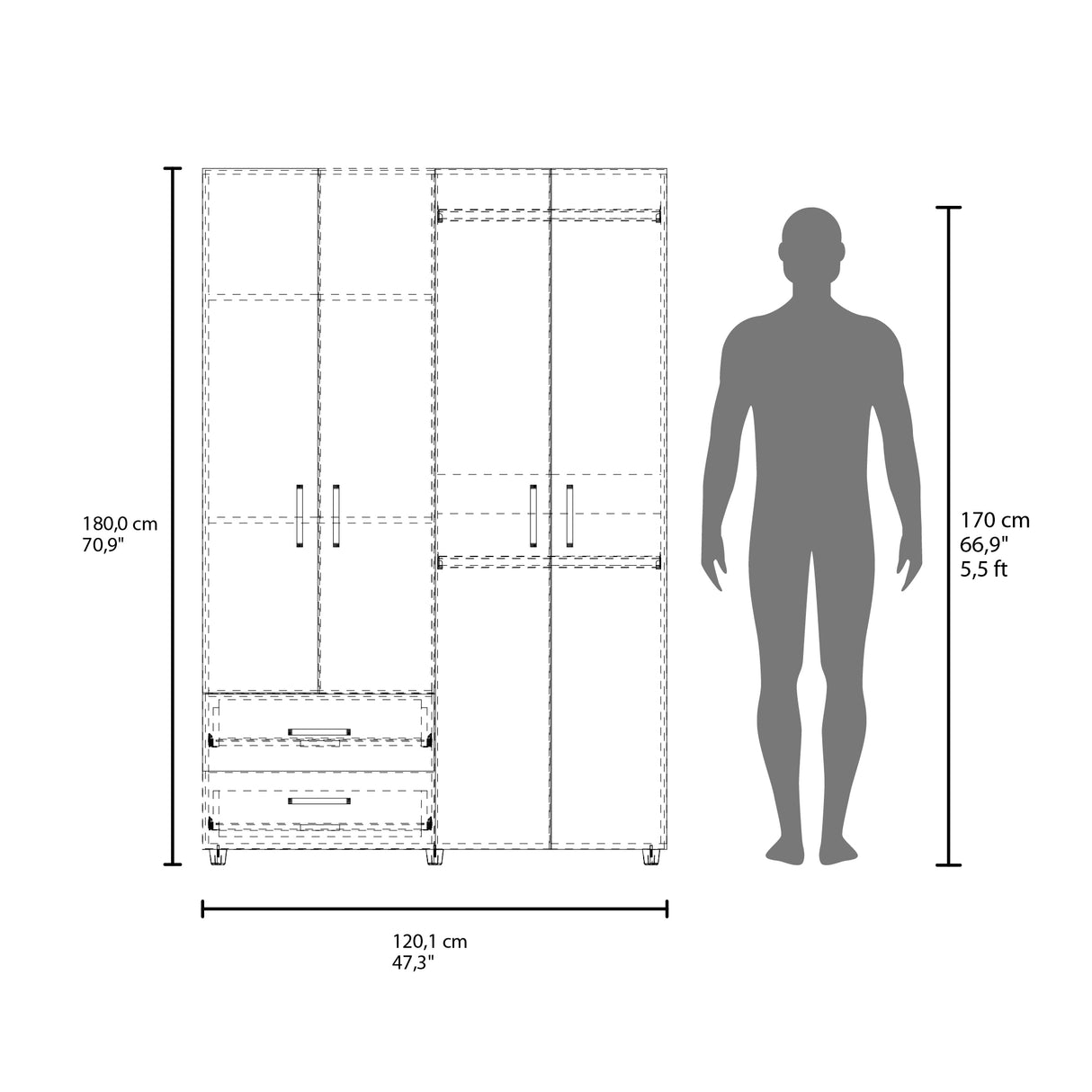 Closet Ankora Basic Fresno Europeo 120x180cm con Dos Cajones y Seis Compartimientos - CLOSETS | Bylmo