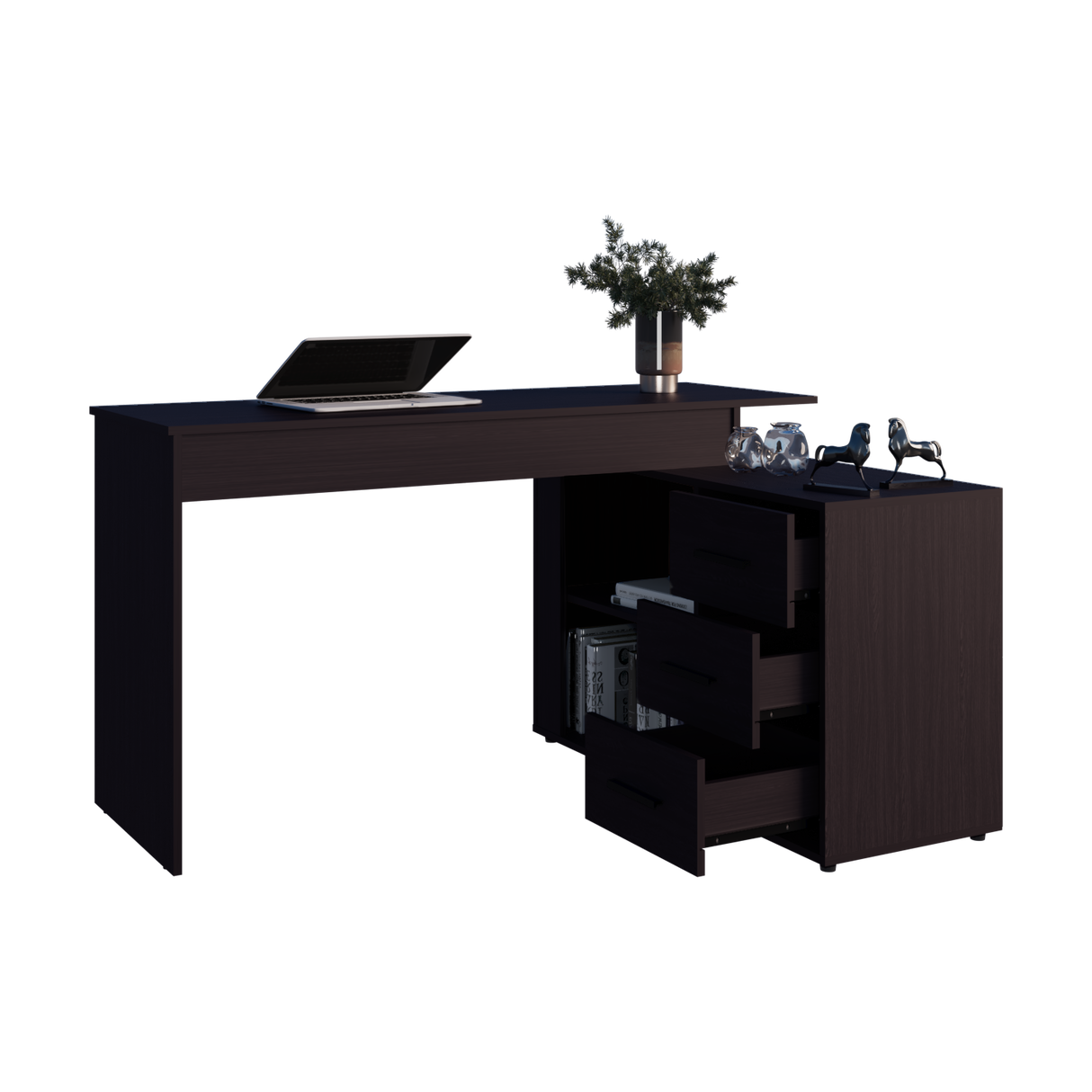 Escritorio en L Upton Wengue 137.5x75cm con Tres Cajones y con Organizador de Libros - ESCRITORIOS | Bylmo