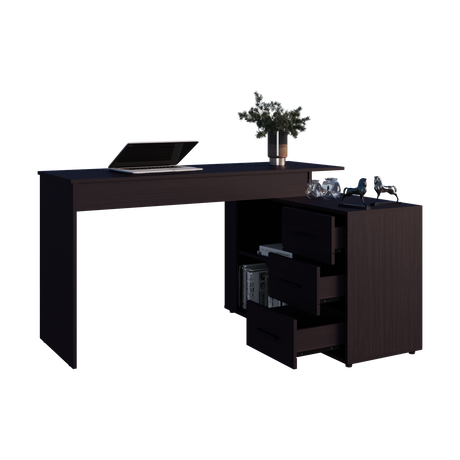 Escritorio en L Upton Wengue 137.5x75cm con Tres Cajones y con Organizador de Libros - ESCRITORIOS | Bylmo
