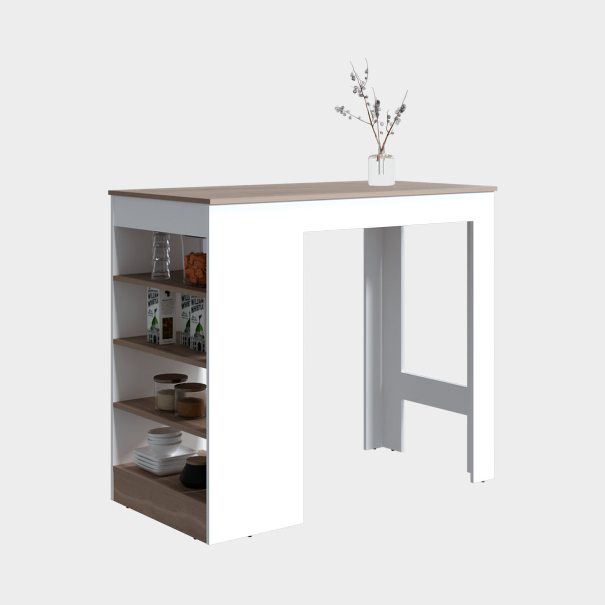 Barra de Cocina Greer Blanco y Bardolino 119.8x102cm con Tres Entrepaños y Cuatro Compartimientos - BARRAS Y MUEBLES AUXILIARES | Bylmo