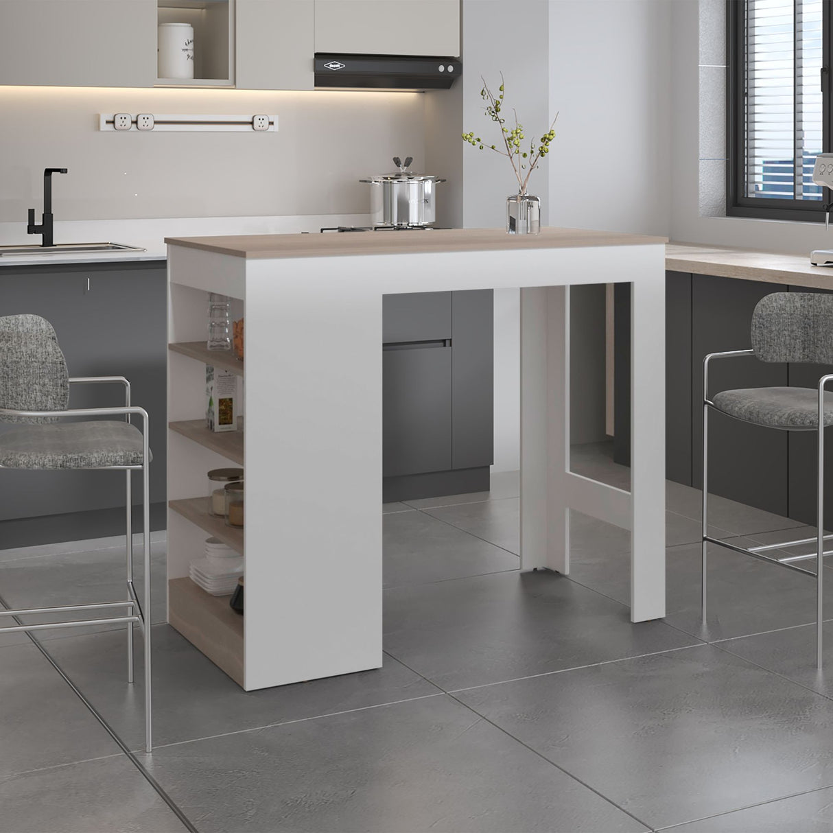 Barra de Cocina Greer Blanco y Bardolino 119.8x102cm con Tres Entrepaños y Cuatro Compartimientos - BARRAS Y MUEBLES AUXILIARES | Bylmo