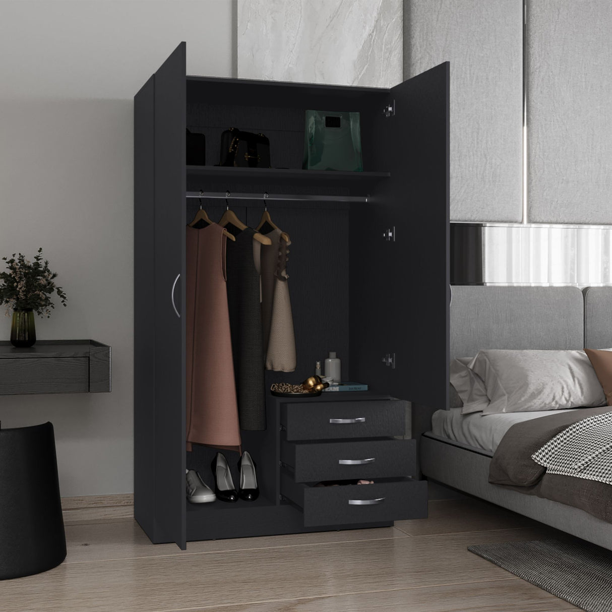 Closet Lumy Wengue 100x180.6cm con Tres Cajones con Seis Compartimientos y con Espejo - CLOSETS | Bylmo