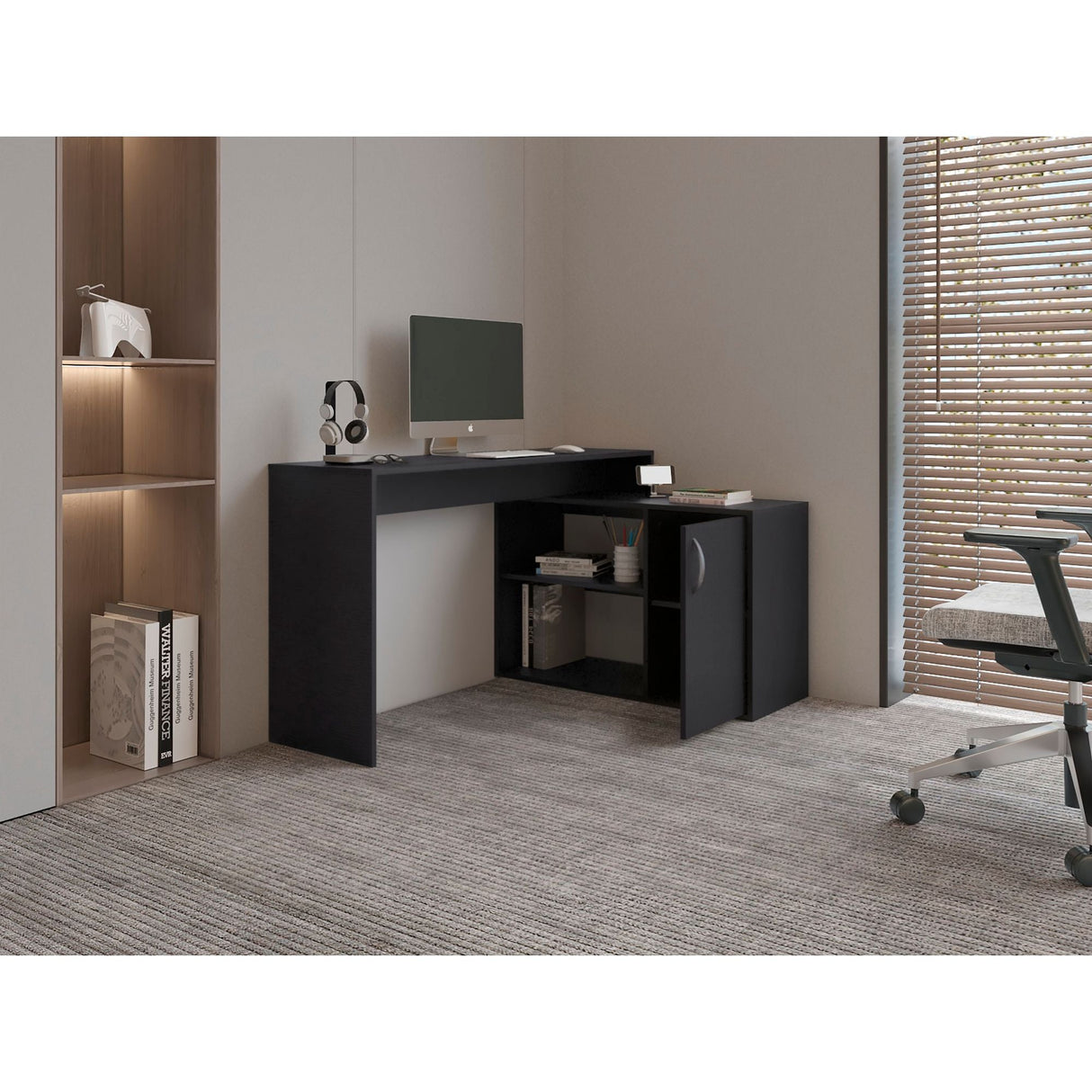 Escritorio en L Axis Eco Wengue 125x71cm con Organizador de Libros