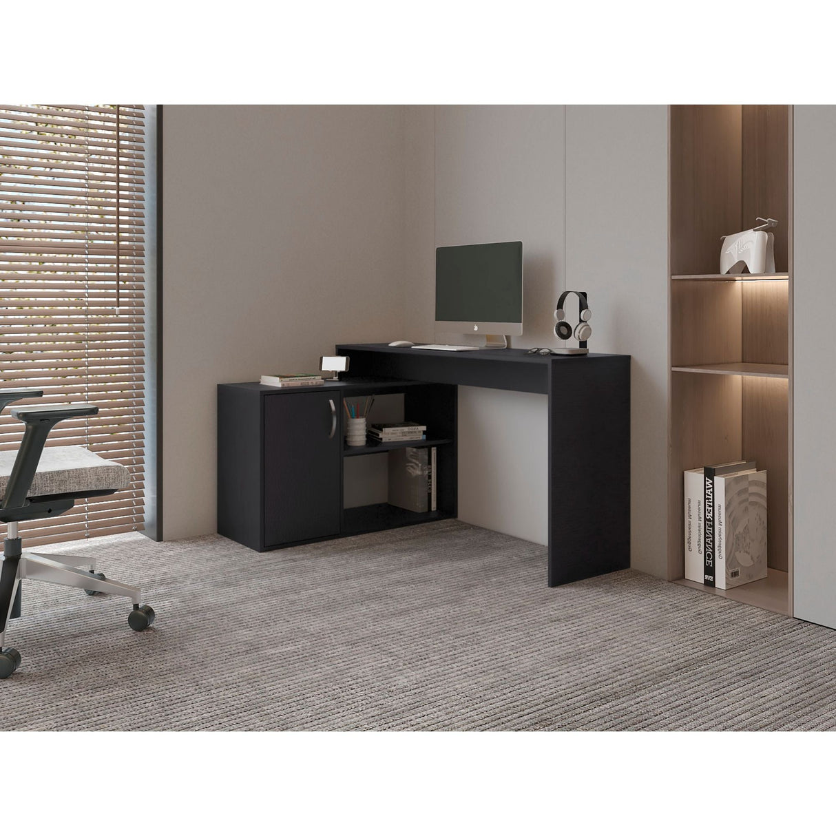 Escritorio en L Axis Eco Wengue 125x71cm con Organizador de Libros
