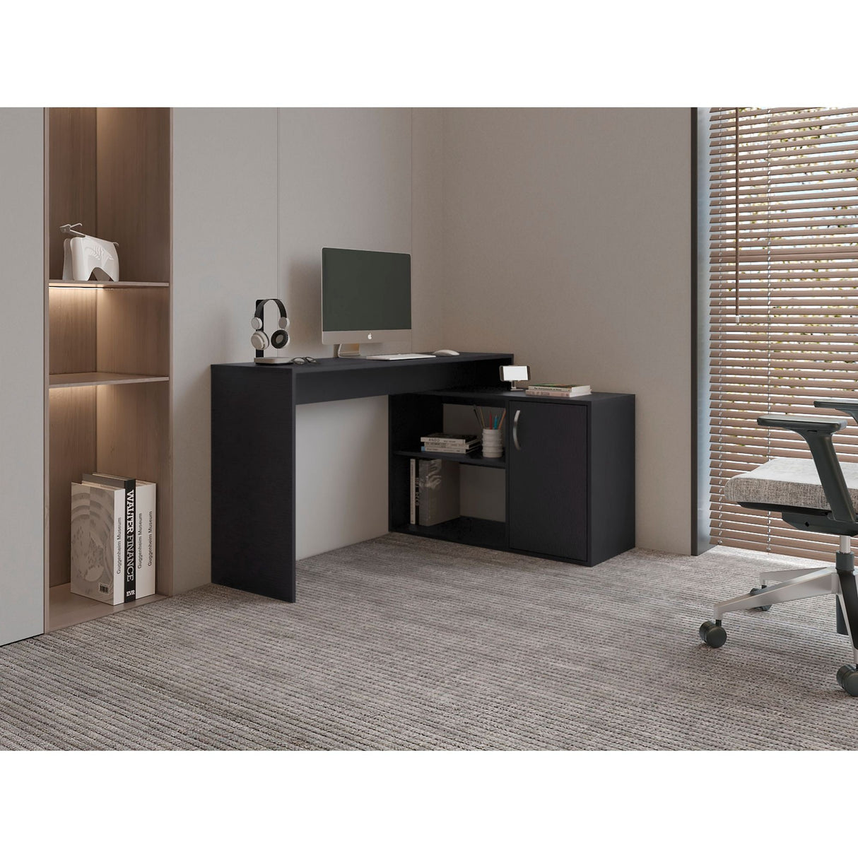 Escritorio en L Axis Eco Wengue 125x71cm con Organizador de Libros
