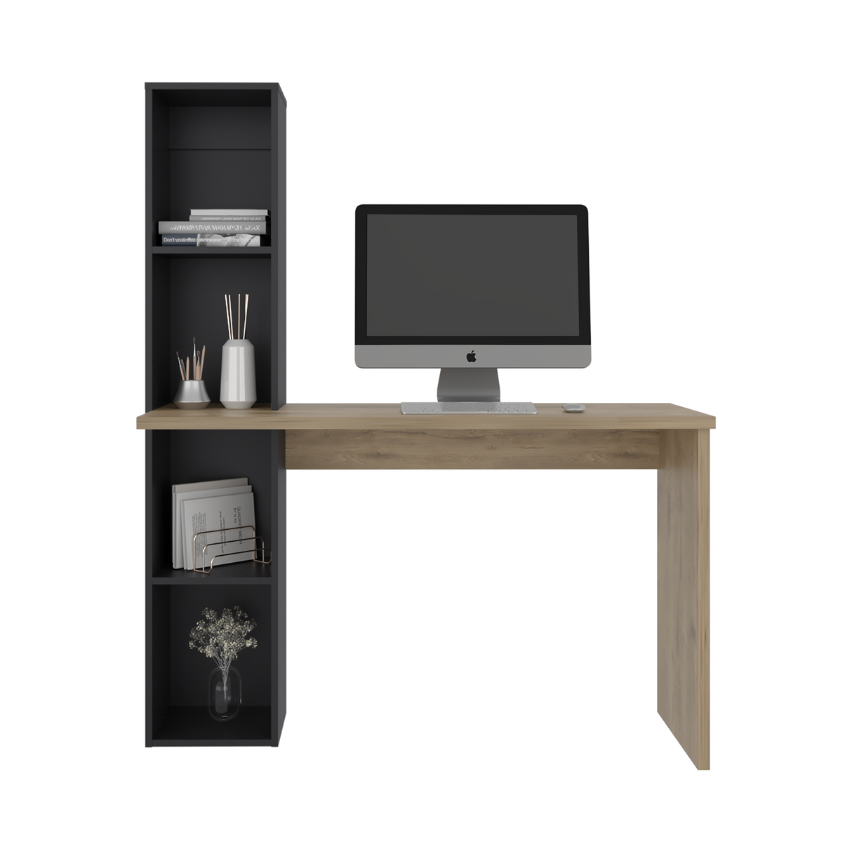 Escritorio con Biblioteca Aston Macadamia y Wengue 120.3x145.8cm con Organizador de Libros - ESCRITORIOS | Bylmo