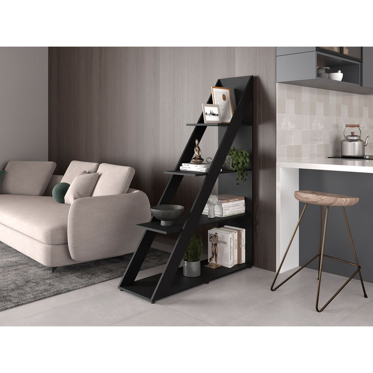 Biblioteca Esquinera Lorain Wengue 105x150cm Triangular con Tres Compartimientos y con Cuatro Entrepaños - BIBLIOTECAS Y ESTANTERIAS | Bylmo