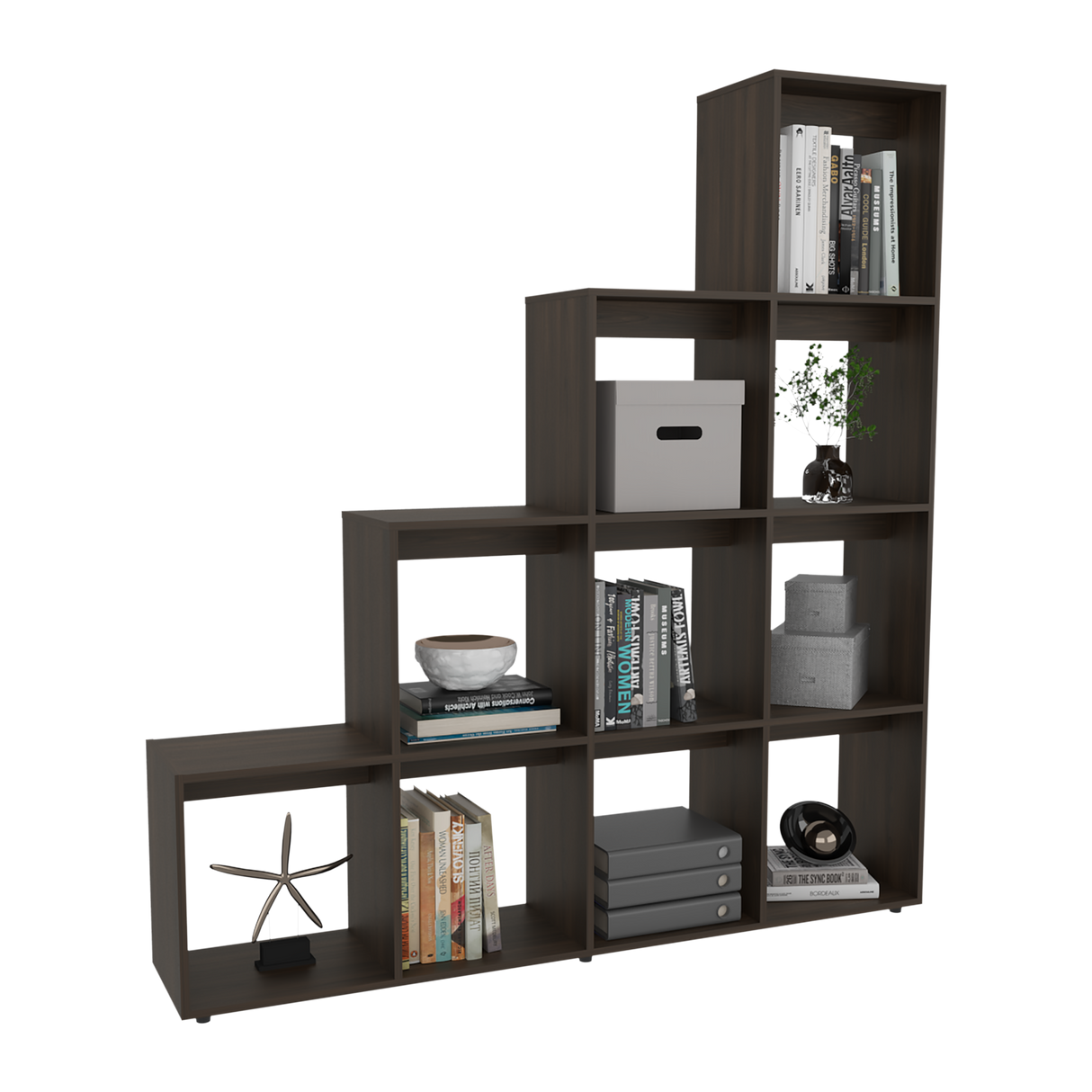 Biblioteca Esquinera Beijing Nogal 162x167cm Triangular con Diez Compartimientos y con Diez Entrepaños - BIBLIOTECAS Y ESTANTERIAS | Bylmo