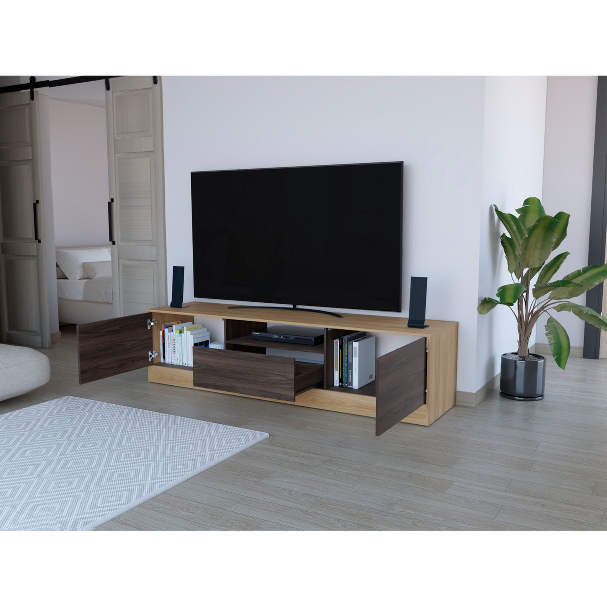 Rack de TV Niles Fresno Europeo y Nogal 200x50cm para TV Hasta 75" Pulgadas con Cuatro Compartimientos - MUEBLES DE TV | Bylmo