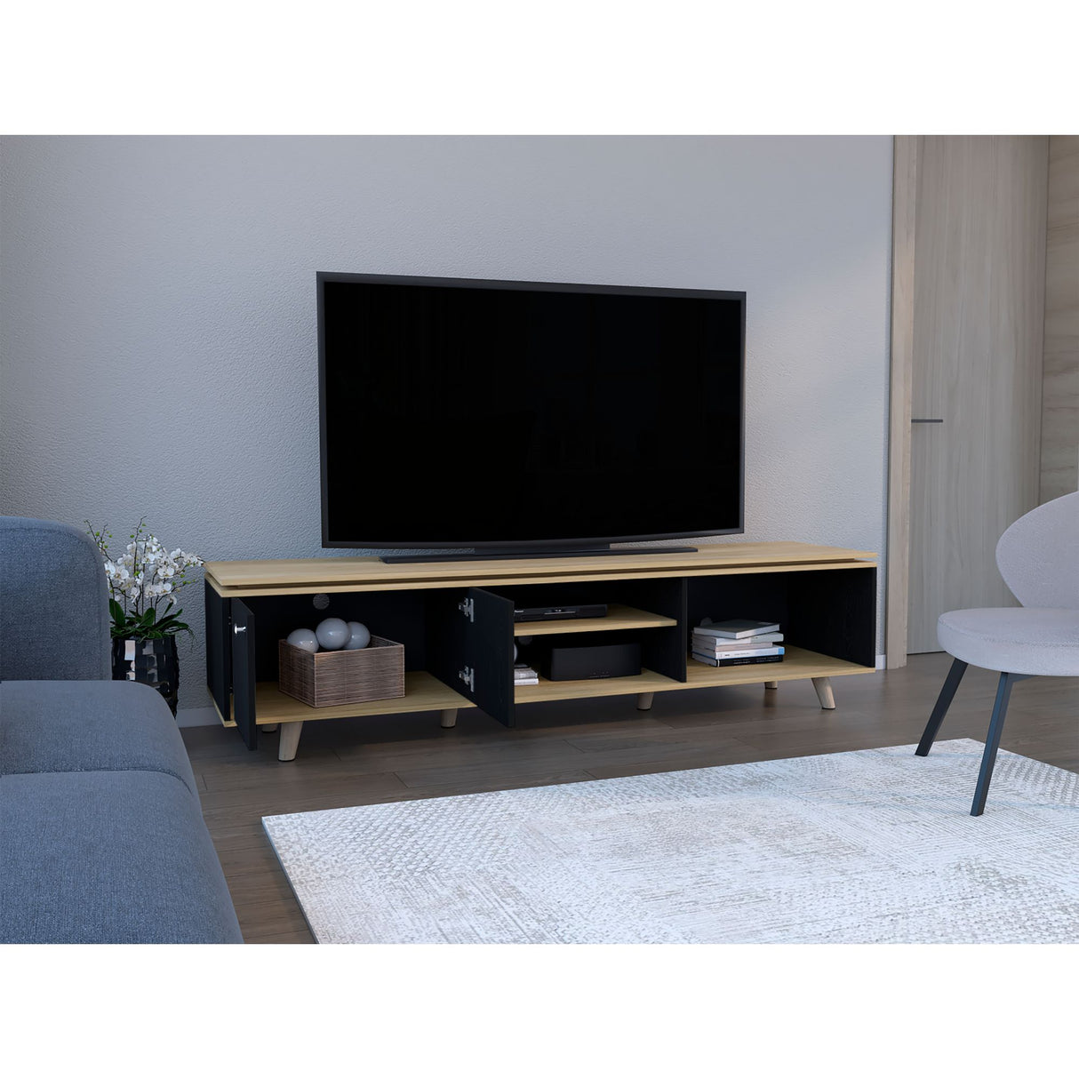 Rack de TV Rochester Negro y Fresno Europeo 200x50cm para TV Hasta 75" Pulgadas con Cuatro Compartimientos - MUEBLES DE TV | Bylmo