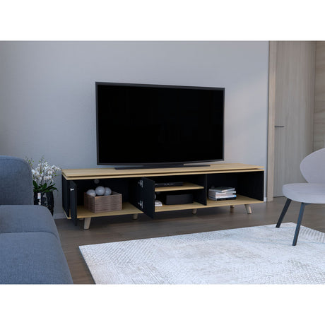 Rack de TV Rochester Negro y Fresno Europeo 200x50cm para TV Hasta 75" Pulgadas con Cuatro Compartimientos - MUEBLES DE TV | Bylmo
