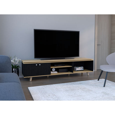 Rack de TV Rochester Negro y Fresno Europeo 200x50cm para TV Hasta 75" Pulgadas con Cuatro Compartimientos - MUEBLES DE TV | Bylmo