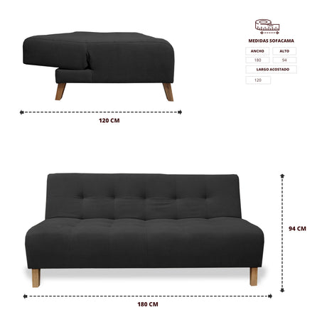 Sofacama Egli Negro 180x94cm de Tres Puestos Reclinable Antifluido y sin Apoya Brazos - SOFAS Y POLTRONAS | Bylmo