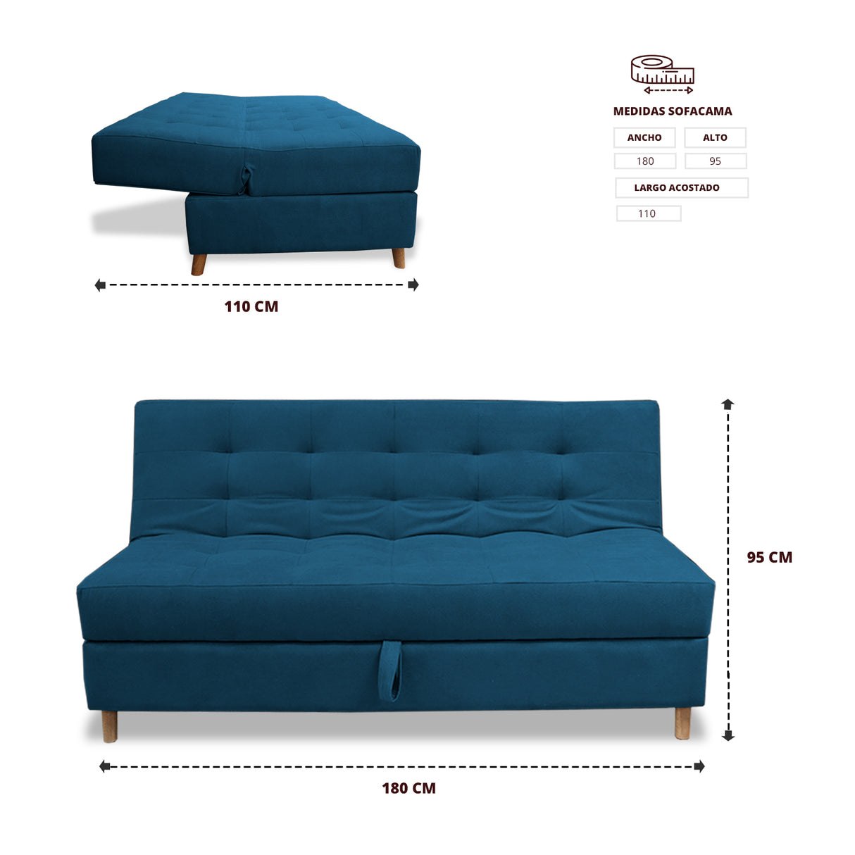 Sofacama Lugano Azul Petróleo 180x95cm de Tres Puestos Reclinable Antifluido con Almacenamiento y sin Apoya Brazos - SOFAS Y POLTRONAS | Bylmo