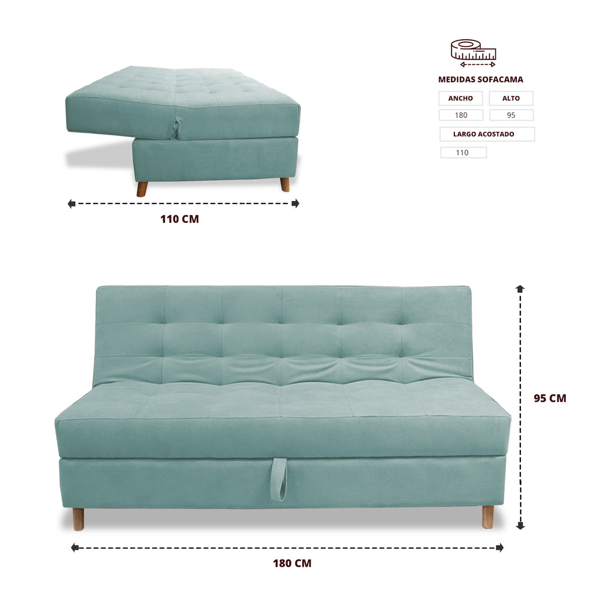 Sofacama Lugano Menta 180x95cm de Tres Puestos Reclinable Antifluido con Almacenamiento y sin Apoya Brazos - SOFAS Y POLTRONAS | Bylmo