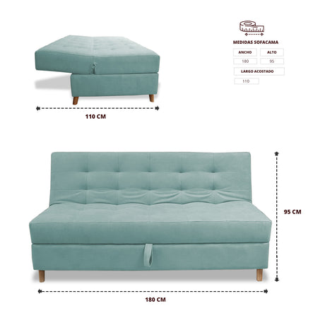 Sofacama Lugano Menta 180x95cm de Tres Puestos Reclinable Antifluido con Almacenamiento y sin Apoya Brazos - SOFAS Y POLTRONAS | Bylmo
