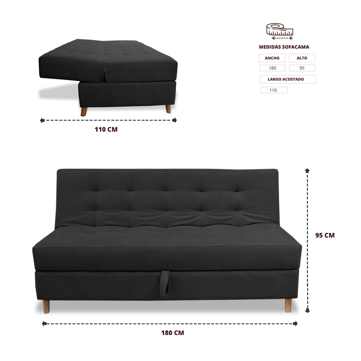 Sofacama Lugano Negro 180x95cm de Tres Puestos Reclinable Antifluido con Almacenamiento y sin Apoya Brazos - SOFAS Y POLTRONAS | Bylmo