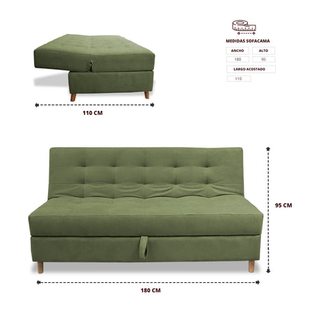 Sofacama Lugano Verde 180x95cm de Tres Puestos Reclinable Antifluido con Almacenamiento y sin Apoya Brazos - SOFAS Y POLTRONAS | Bylmo
