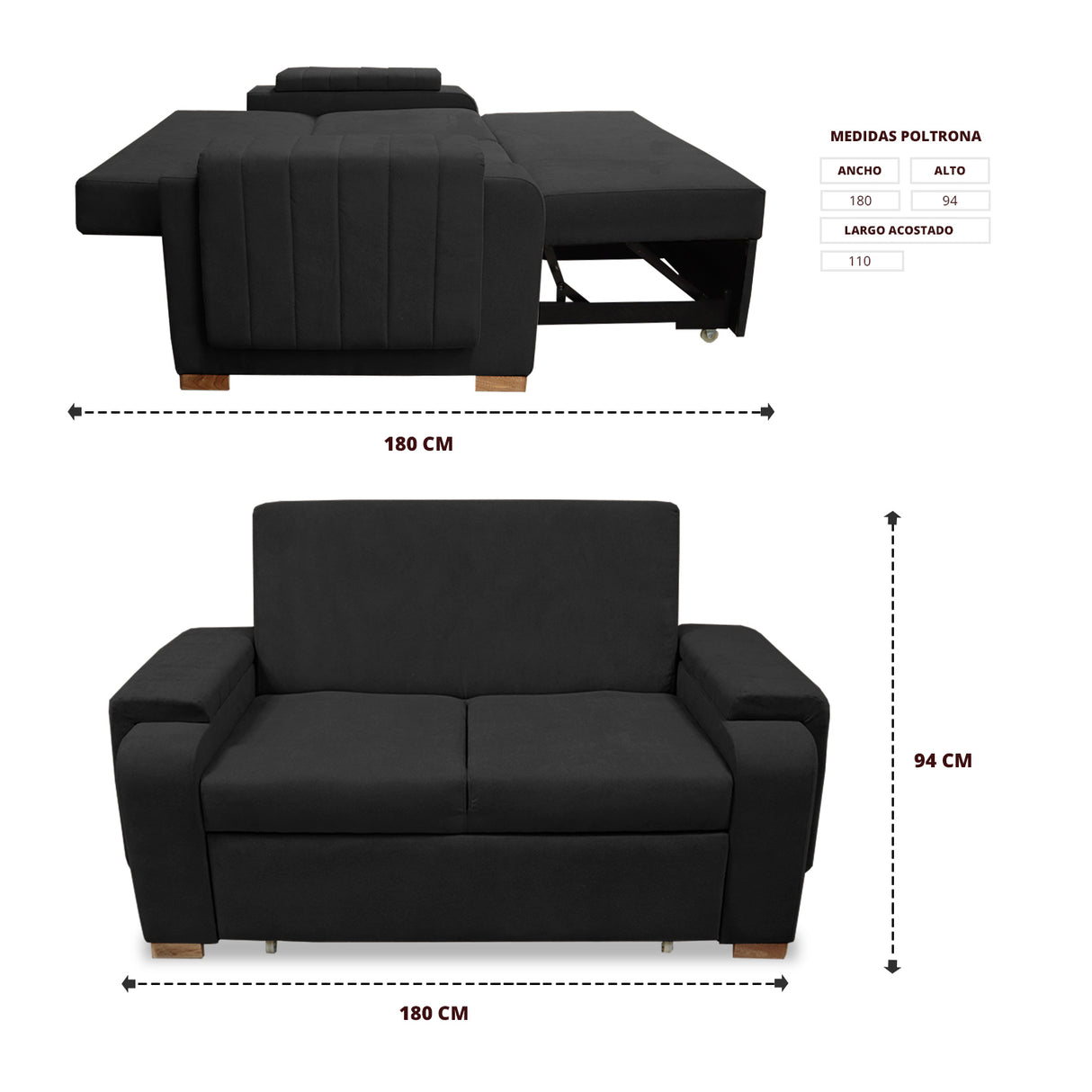 Sofacama Hartmann Negro 180x94cm de Dos Puestos Reclinable Antifluido y con Apoya Brazos - SOFAS Y POLTRONAS | Bylmo