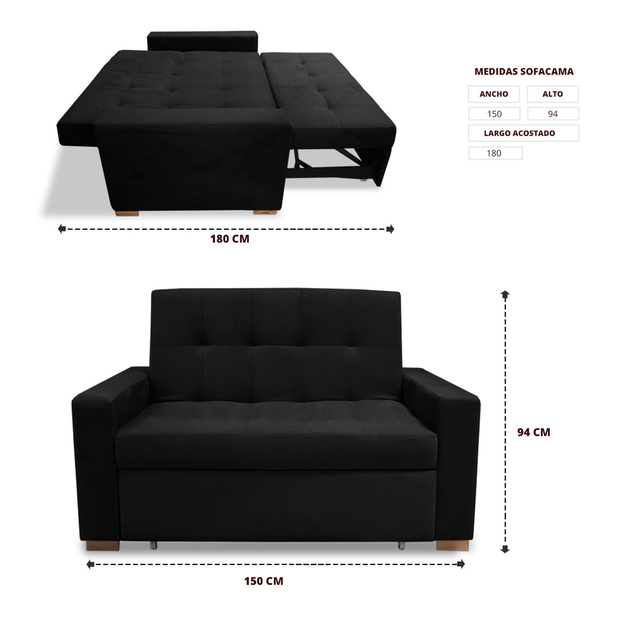 Sofacama Atalanta Negro 150x94cm de Dos Puestos Reclinable Antifluido y sin Apoya Brazos - SOFAS Y POLTRONAS | Bylmo
