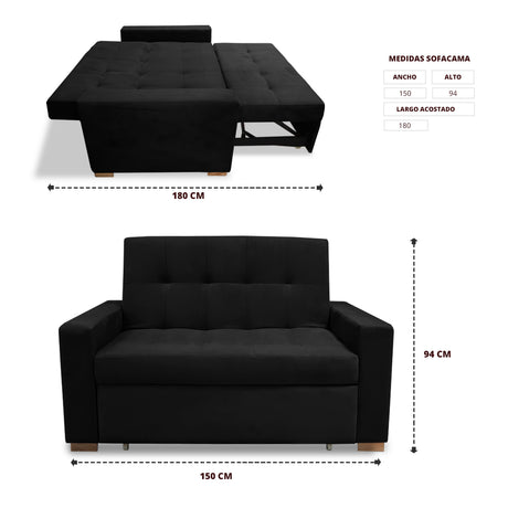 Sofacama Atalanta Negro 150x94cm de Dos Puestos Reclinable Antifluido y sin Apoya Brazos - SOFAS Y POLTRONAS | Bylmo