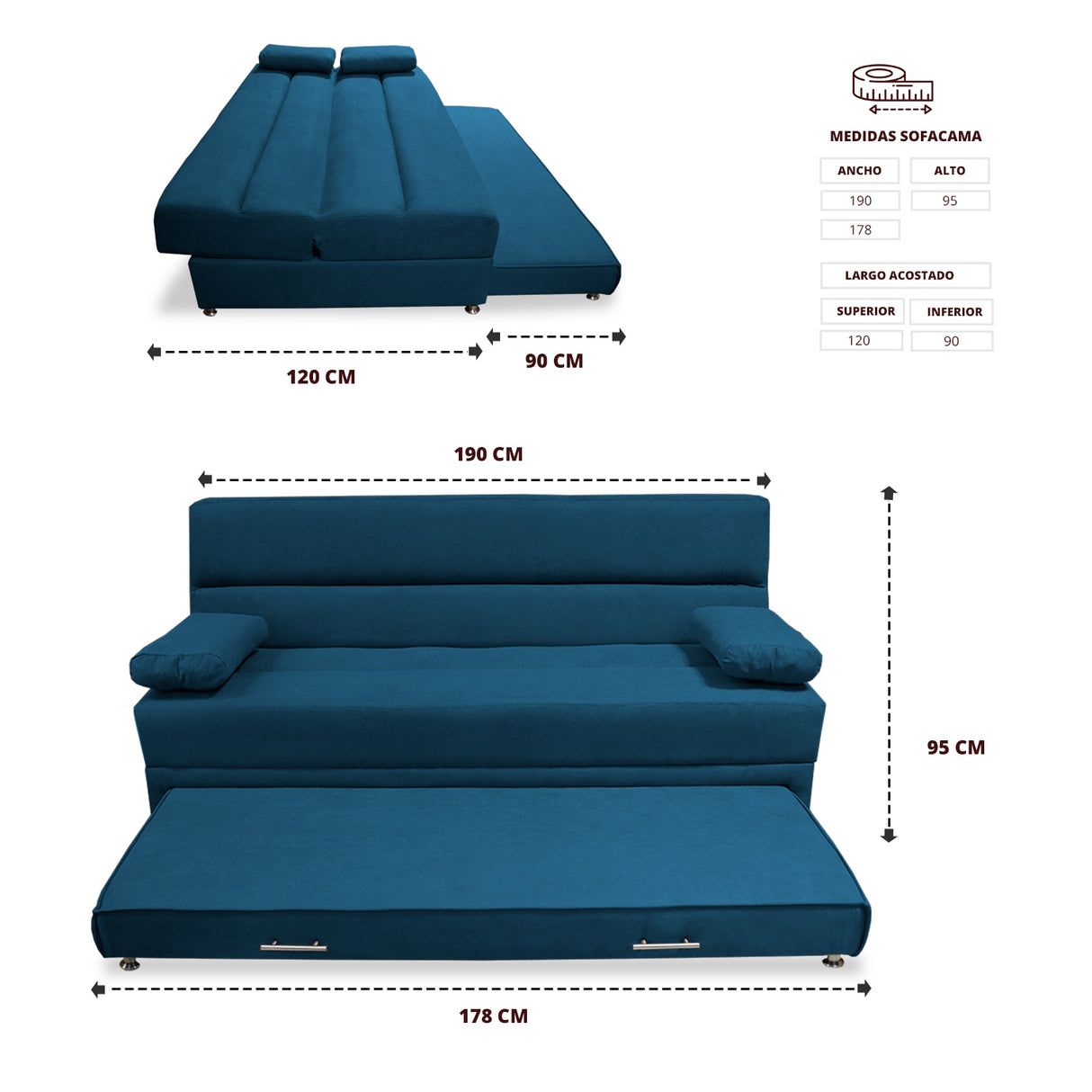 Sofacama Ferreira Azul Petróleo 190x95cm de Tres Puestos Reclinable Antifluido y sin Apoya Brazos - SOFAS Y POLTRONAS | Bylmo
