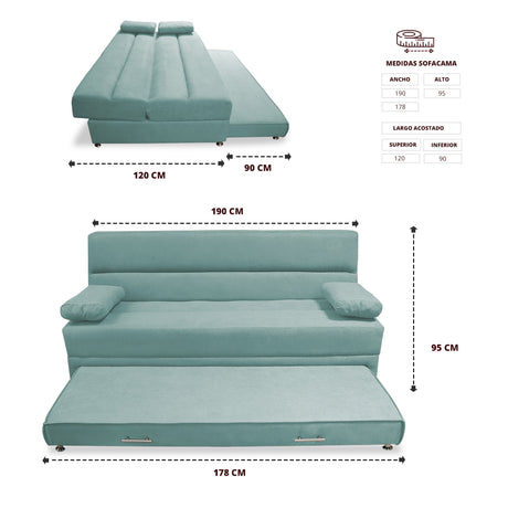Sofacama Ferreira Menta 190x95cm de Tres Puestos Reclinable Antifluido y sin Apoya Brazos - SOFAS Y POLTRONAS | Bylmo