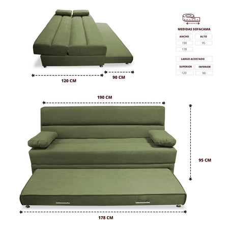 Sofacama Ferreira Verde 190x95cm de Tres Puestos Reclinable Antifluido y sin Apoya Brazos - SOFAS Y POLTRONAS | Bylmo