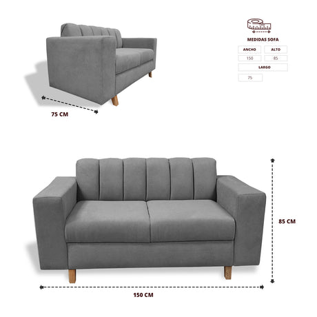 Sofá Noah Gris 150x85cm de Dos Puestos Reclinable Antifluido y sin Apoya Brazos - SOFAS Y POLTRONAS | Bylmo