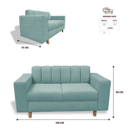 Sofá Noah Menta 150x85cm de Dos Puestos Reclinable Antifluido y sin Apoya Brazos - SOFAS Y POLTRONAS | Bylmo