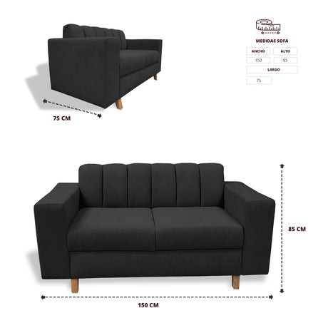 Sofá Noah Negro 150x85cm de Dos Puestos Reclinable Antifluido y sin Apoya Brazos - SOFAS Y POLTRONAS | Bylmo