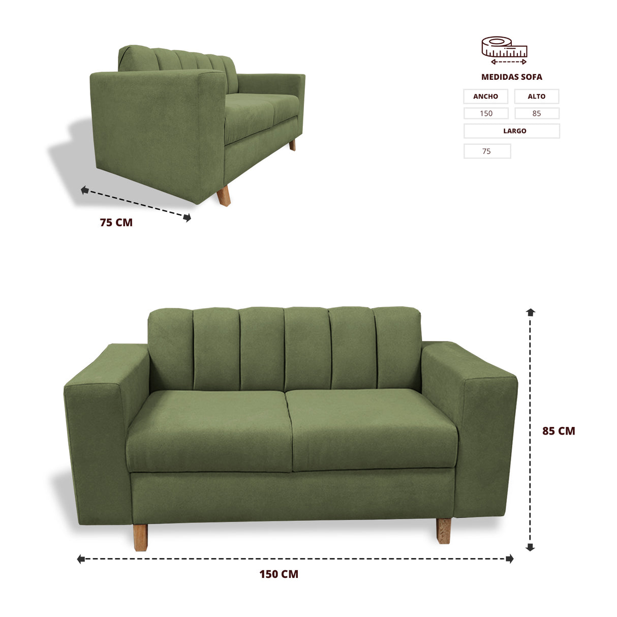 Sofá Noah Verde 150x85cm de Dos Puestos Reclinable Antifluido y sin Apoya Brazos - SOFAS Y POLTRONAS | Bylmo