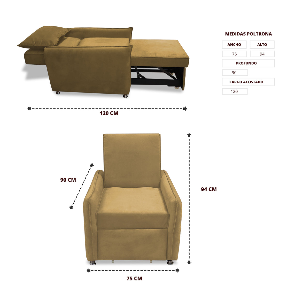 Silla Multipropósito Napoli Camel 75x94cm de Un Puesto Reclinable Antifluido y sin Apoya Brazos - SOFAS Y POLTRONAS | Bylmo