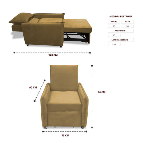Silla Multipropósito Napoli Camel 75x94cm de Un Puesto Reclinable Antifluido y sin Apoya Brazos - SOFAS Y POLTRONAS | Bylmo