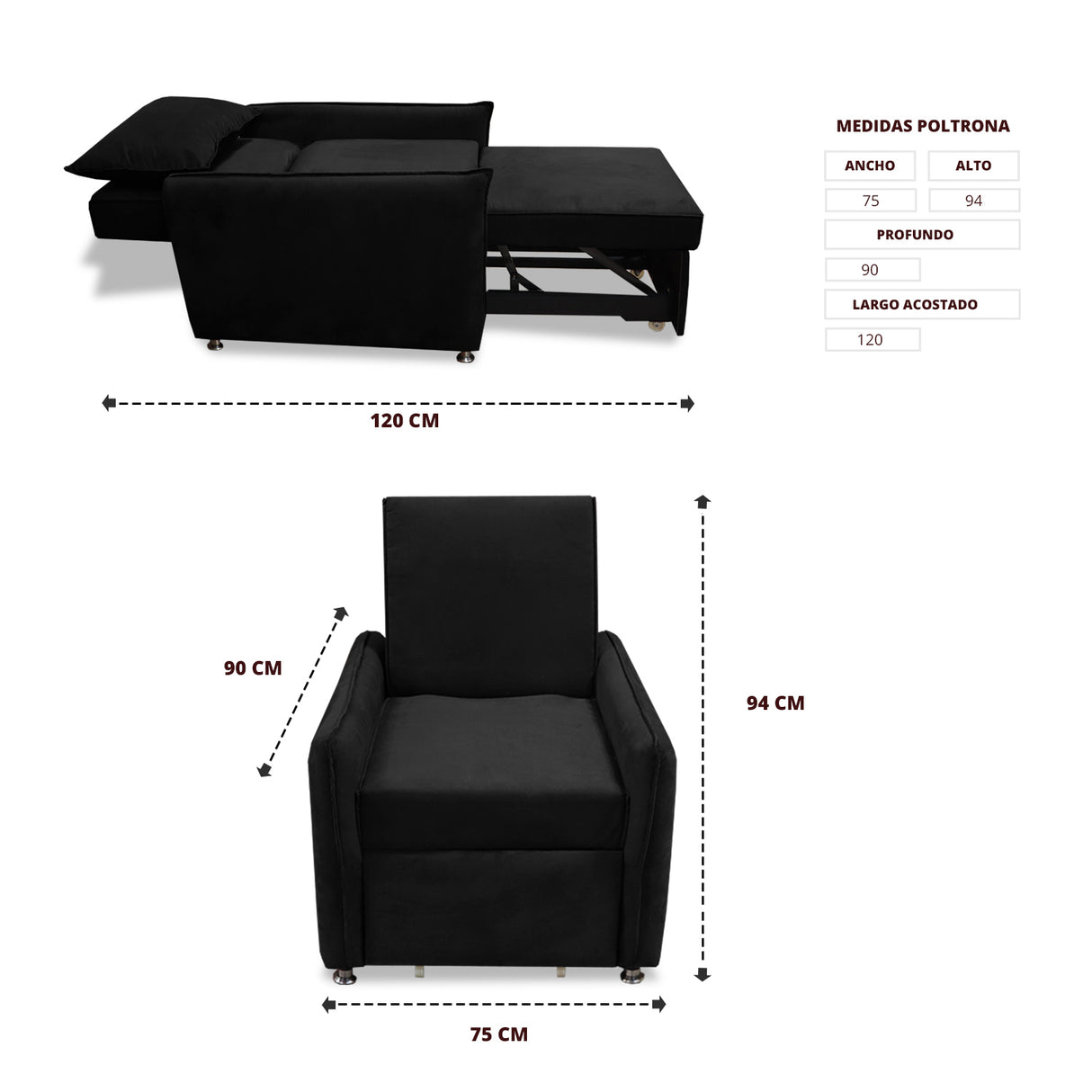 Silla Multipropósito Napoli Negro 75x94cm de Un Puesto Reclinable Antifluido y sin Apoya Brazos - SOFAS Y POLTRONAS | Bylmo