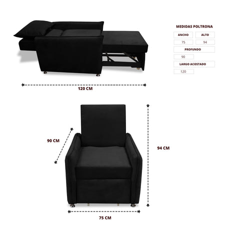 Silla Multipropósito Napoli Negro 75x94cm de Un Puesto Reclinable Antifluido y sin Apoya Brazos - SOFAS Y POLTRONAS | Bylmo
