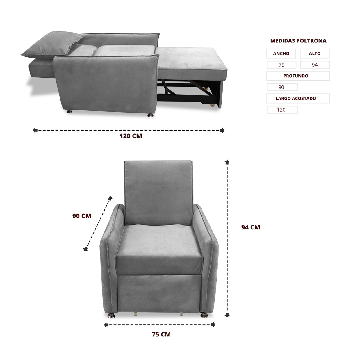 Silla Multipropósito Napoli Plata 75x94cm de Un Puesto Reclinable Antifluido y sin Apoya Brazos - SOFAS Y POLTRONAS | Bylmo